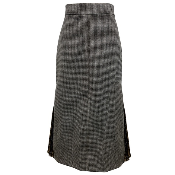 FENDI BROWN FF LOGO SILK TRIMMED HOUNDSTOOTH WOOL TWEED MIDI SKIRT - Picture 1 of 6